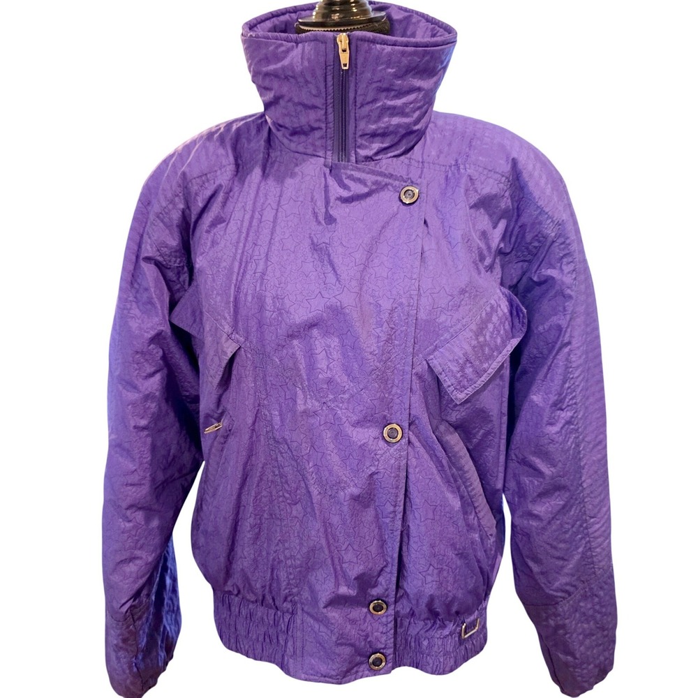 Vintage 90s Nils Tisha Ski Jacket Womens 10 Grape Purple Stars Iridescent Nylon